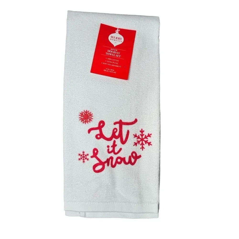 Aldi Merry Moments Holiday Hand Towel Set 2-Pack White Let It Snow Black Stars